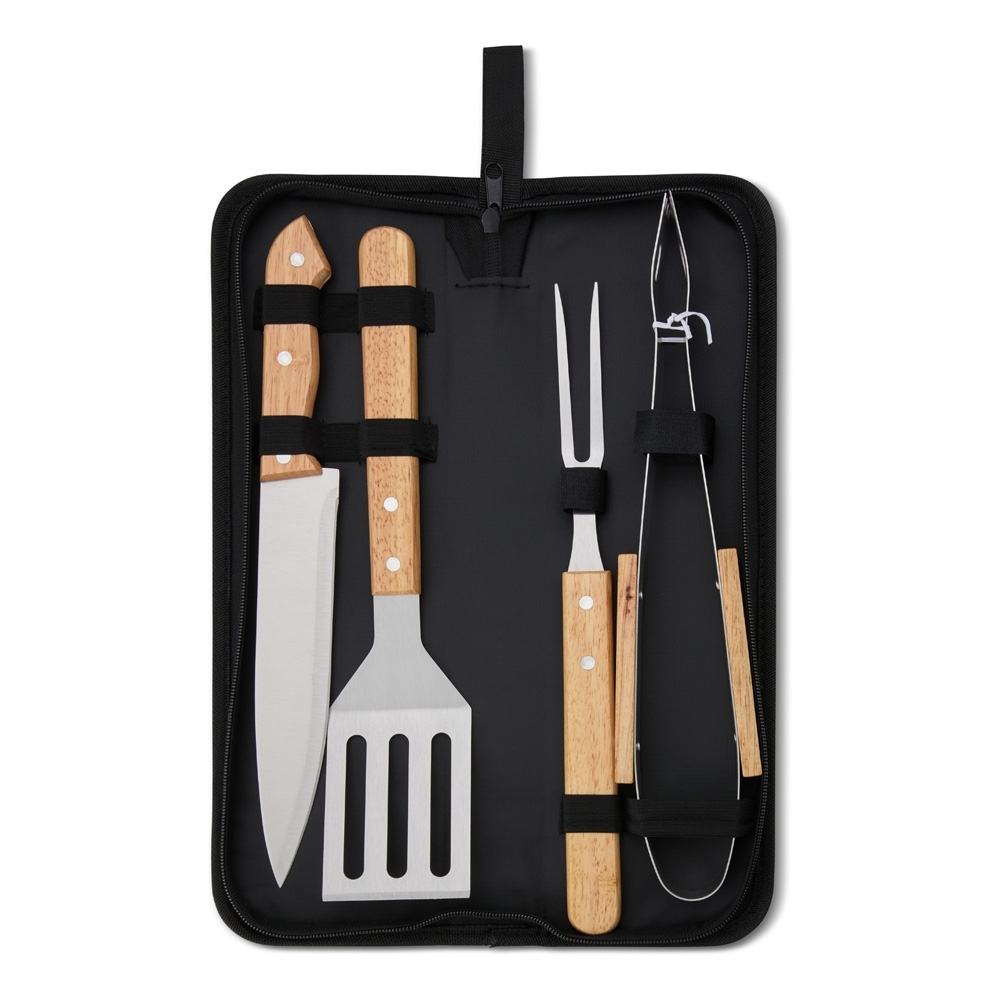 Kit churrasco 4 peças com espátula e pegador em estojo de nylon personalizado com a logo da empresa