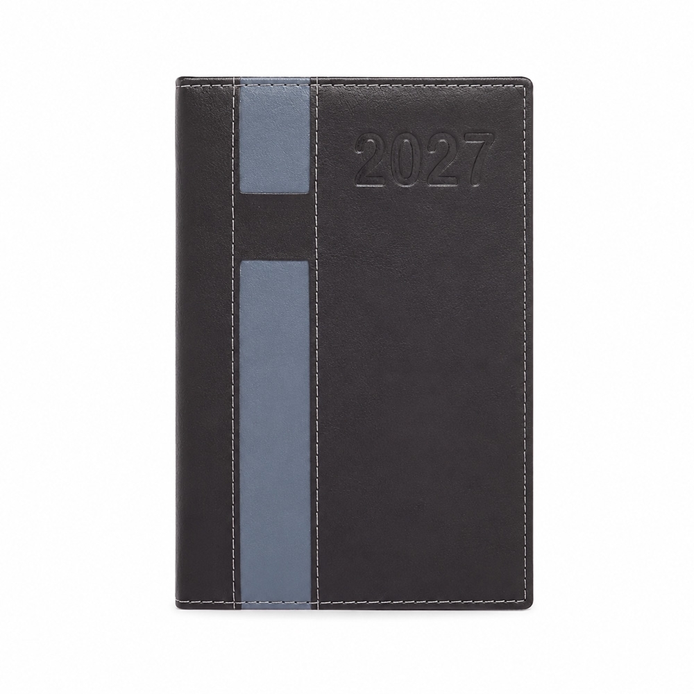 Agenda diária 2027 em couro sintético com porta-caneta e 170 folhas na cor Preto / Prata, personalizada com a logo da empresa