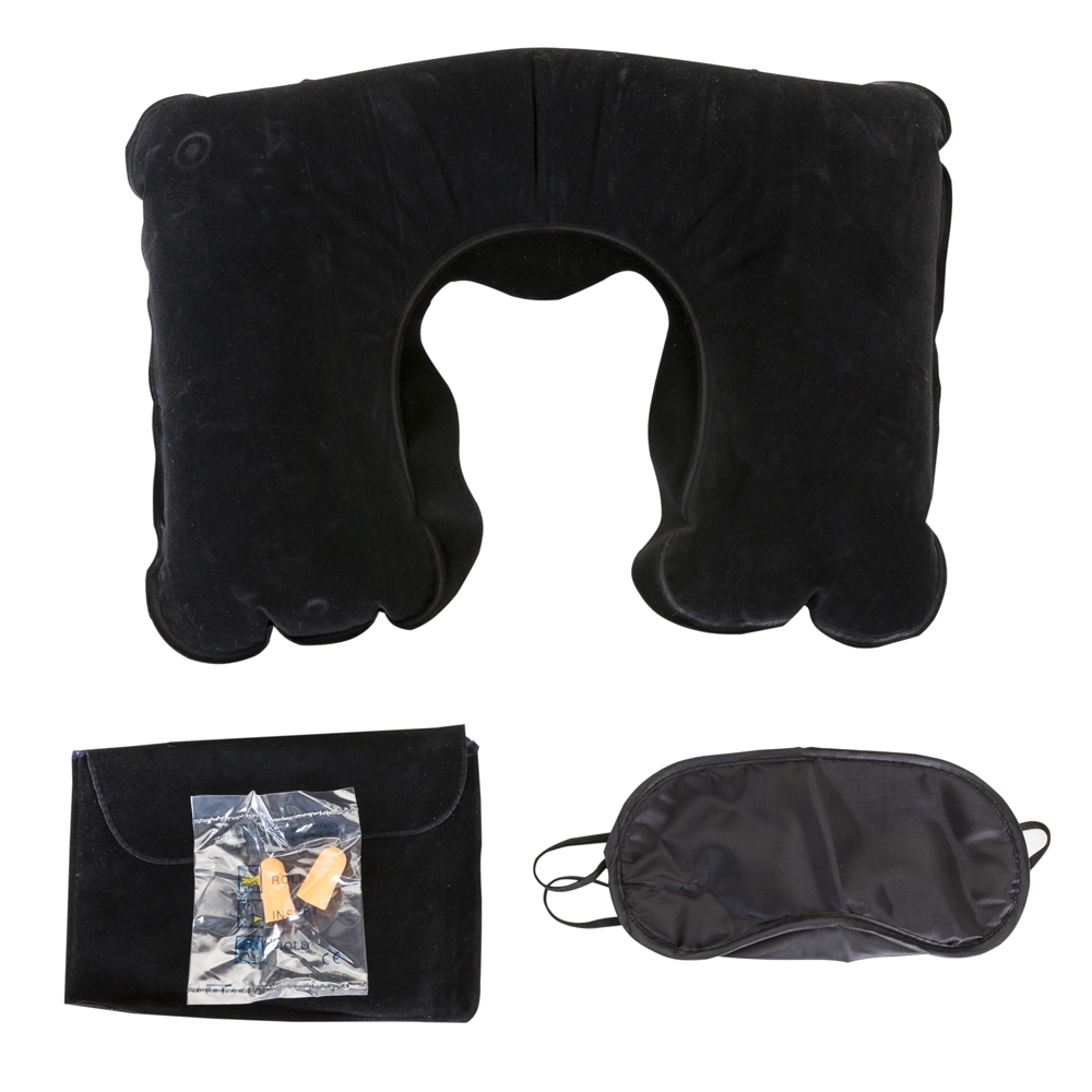 Kit travesseiro inflav tapa olho e prot auricular na cor Preto, personalizado com a logo da empresa