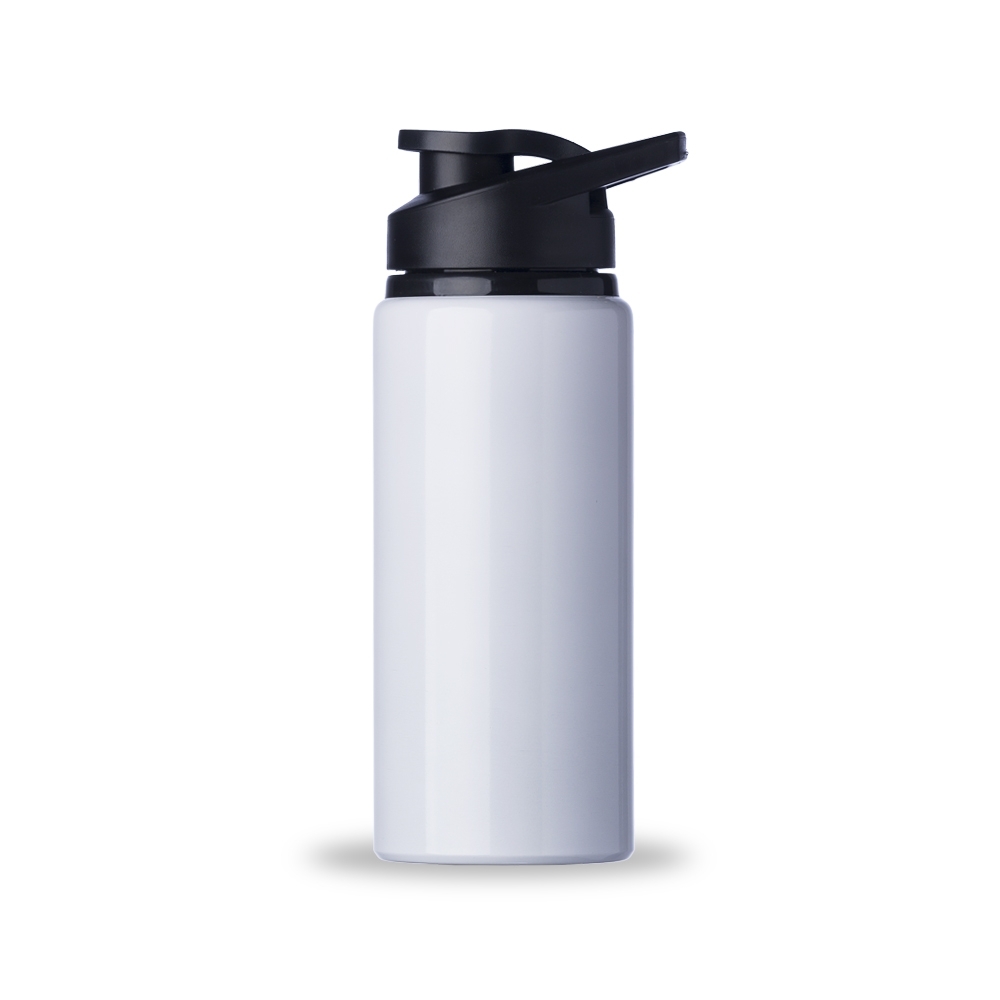 Squeeze de alumínio 650 ml brilhante com protetor de bocal e alça personalizado com a logo da empresa, na cor branco / preto