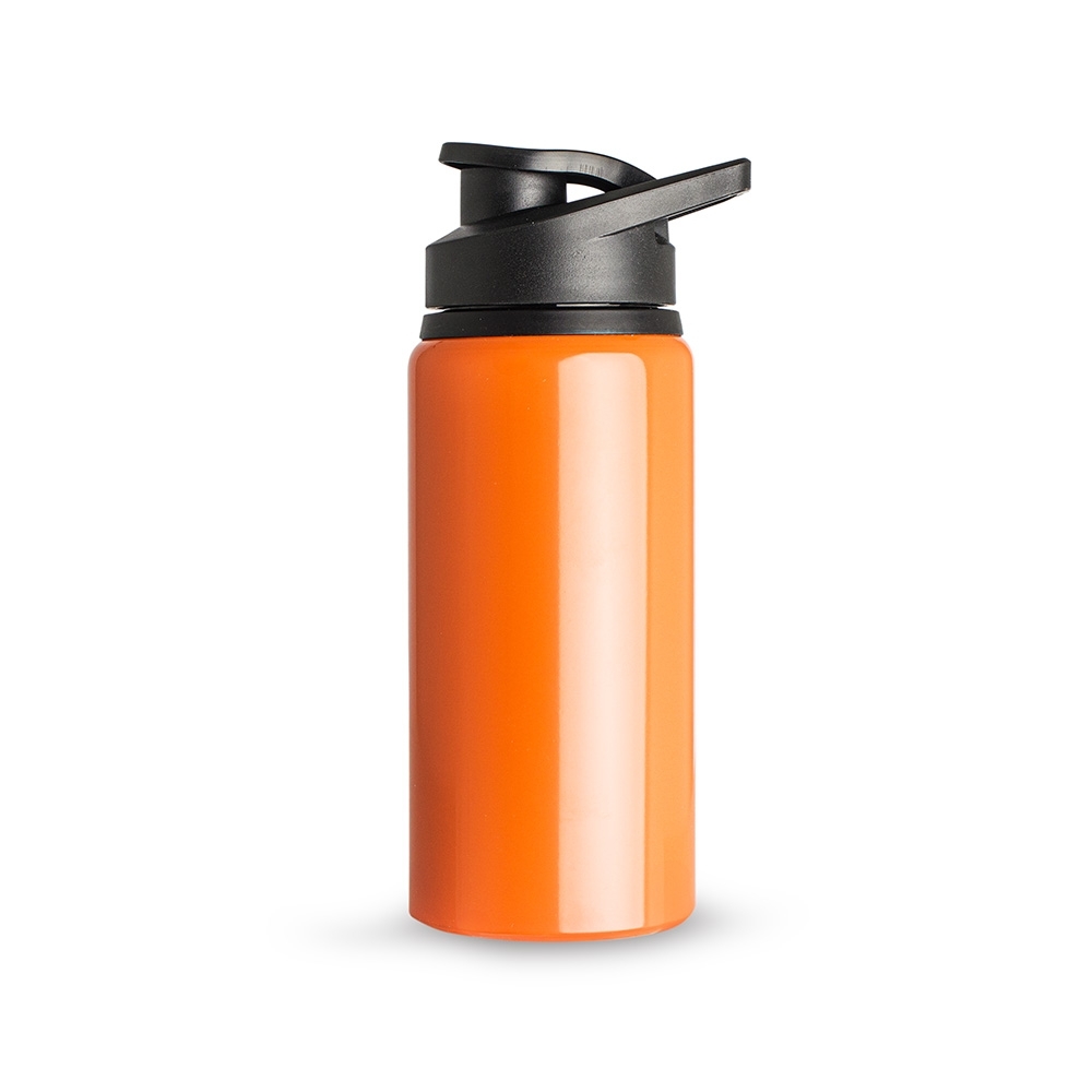 Squeeze de alumínio 650 ml brilhante com protetor de bocal e alça personalizado com a logo da empresa, na cor laranja / preto