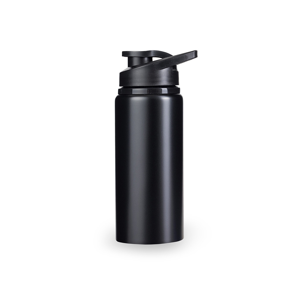 Squeeze de alumínio 650 ml brilhante com protetor de bocal e alça na cor Preto, personalizado com a logo da empresa