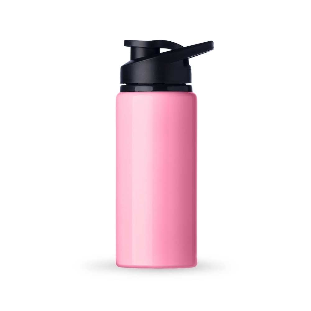 Squeeze de alumínio 650 ml brilhante com protetor de bocal e alça personalizado com a logo da empresa, na cor rosa claro / preto