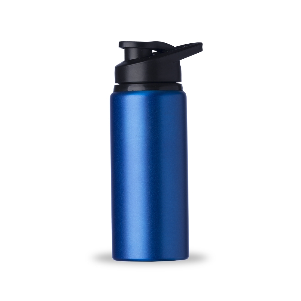 Squeeze de alumínio 650 ml fosco com protetor de bocal e alça personalizado com a logo da empresa, na cor azul / preto