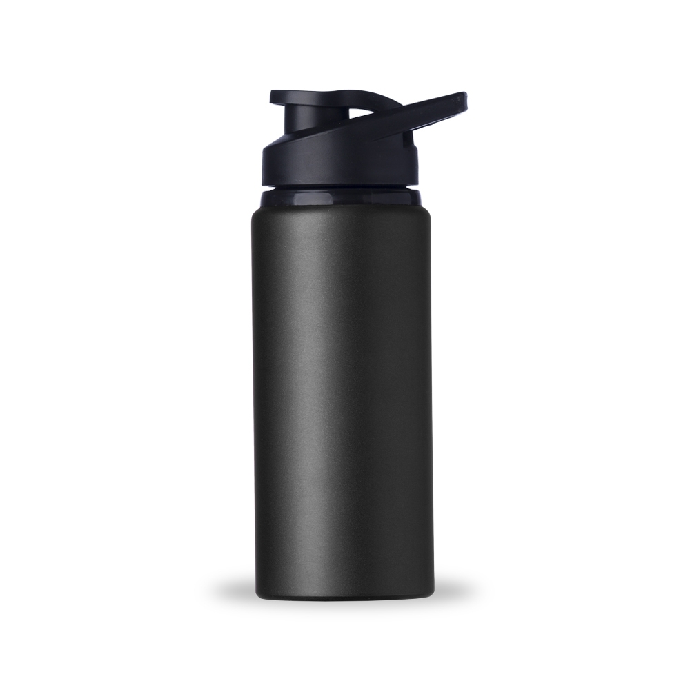 Squeeze de alumínio 650 ml fosco com protetor de bocal e alça na cor Preto, personalizado com a logo da empresa