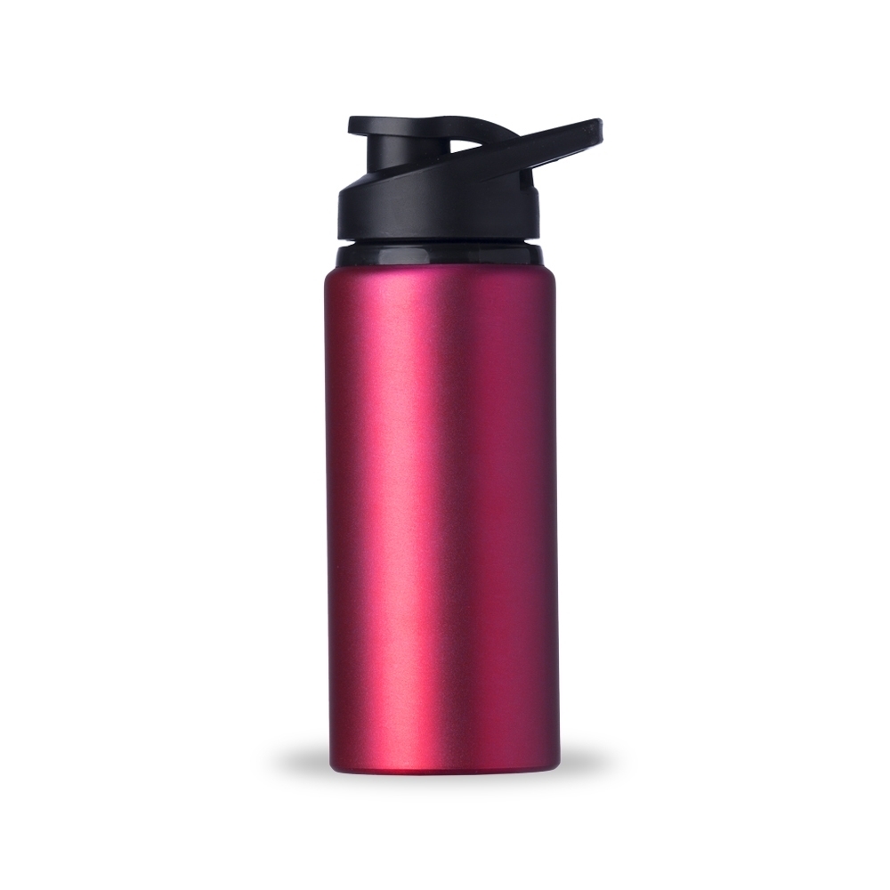 Squeeze de alumínio 650 ml fosco com protetor de bocal e alça personalizado com a logo da empresa, na cor rosa / preto