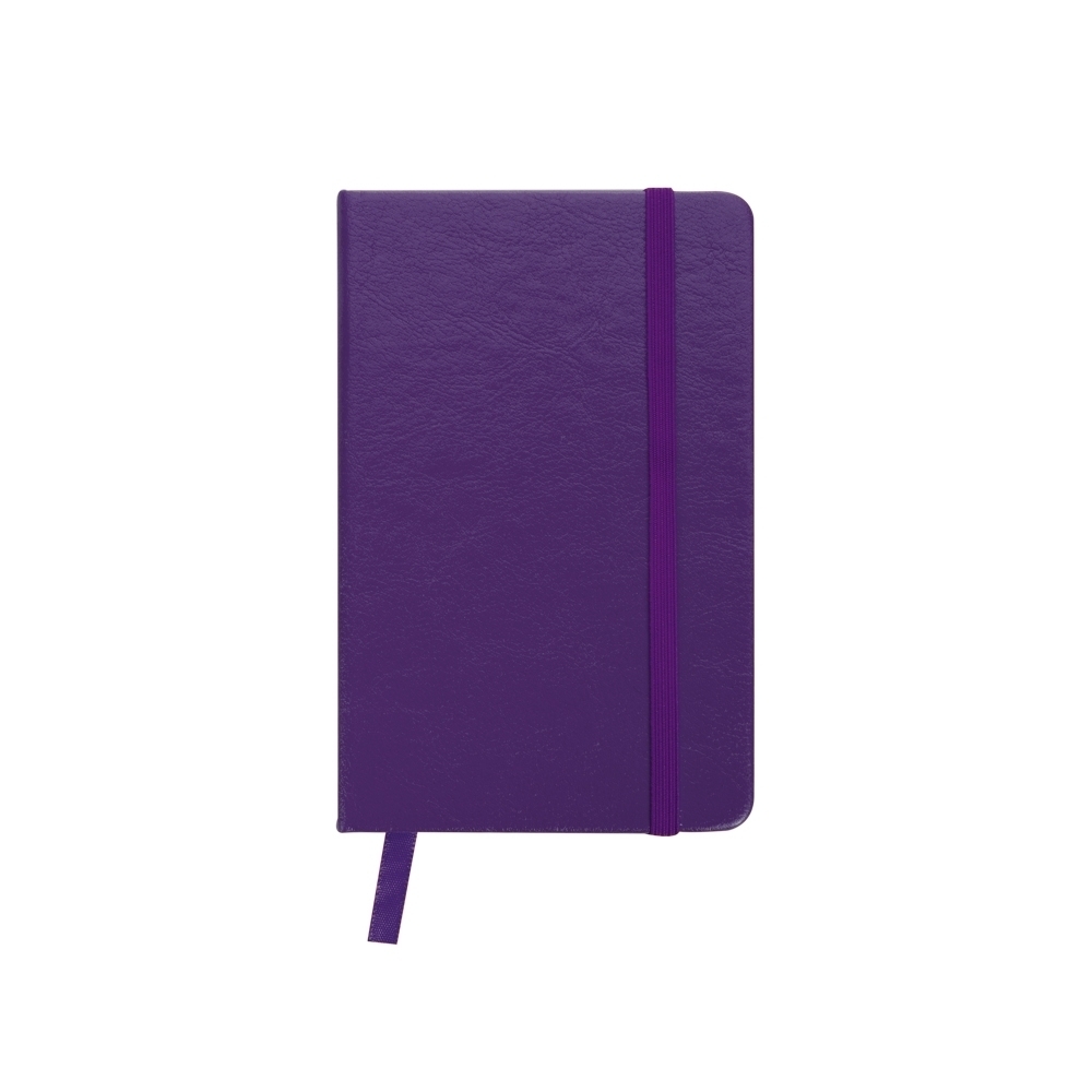Caderneta de couro sintético sem pauta com 80 folhas personalizada com a logo da empresa, na cor roxo