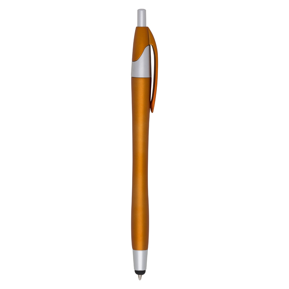 Caneta plástica touch personalizada com a logo da empresa, na cor laranja