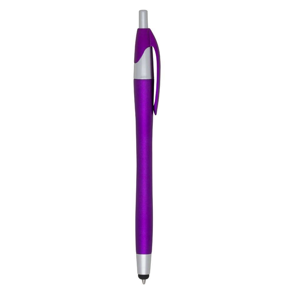 Caneta plástica touch personalizada com a logo da empresa, na cor roxo