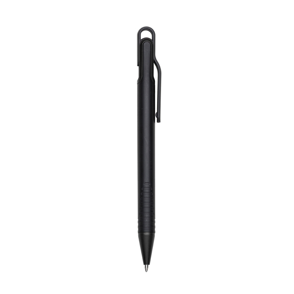 Caneta plástica de corpo preto com pega frisada e ponteira colorida na cor Preto, personalizada com a logo da empresa