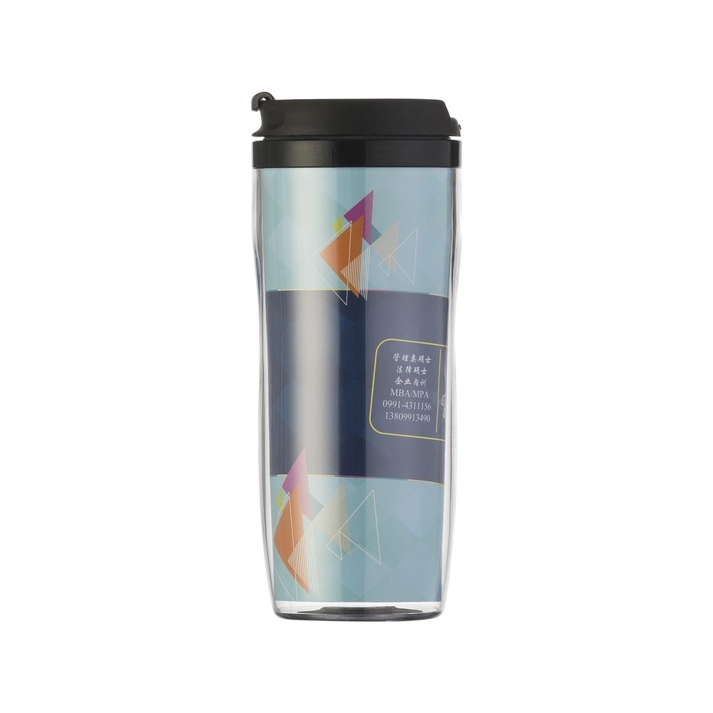 Copo porta foto de plástico com tampa 350 ml na cor Branco, personalizado com a logo da empresa