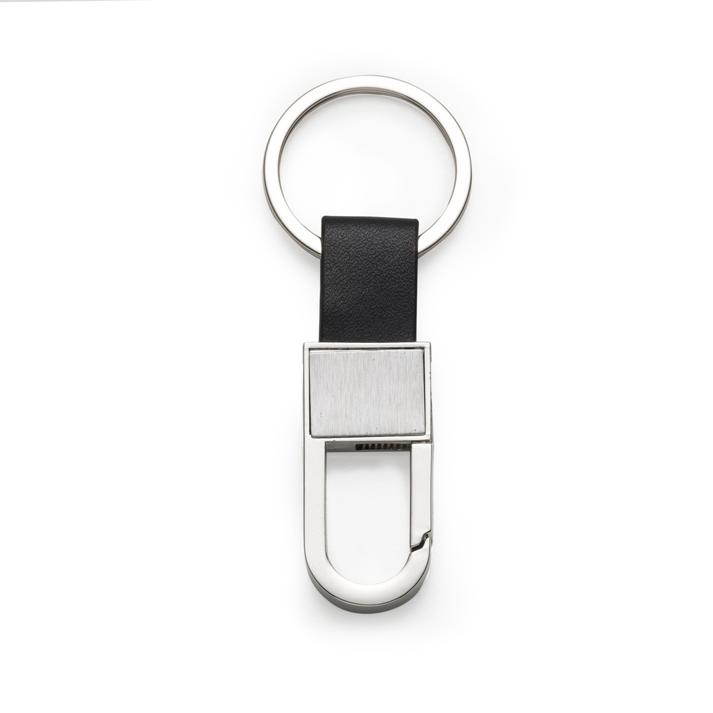 Chaveiro de metal com mosquetão e alça de couro sintético personalizado com a logo da empresa