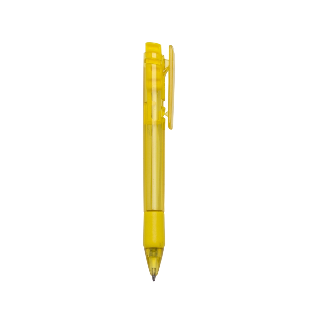 Caneta plástica translúcida com faixa na pega e clipe largo personalizada com a logo da empresa, na cor amarelo