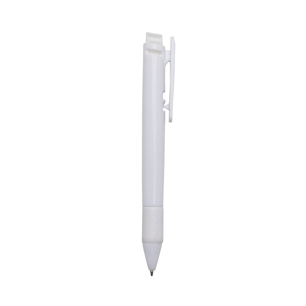 Caneta plástica de corpo branco com faixa colorida na pega na cor Branco, personalizada com a logo da empresa