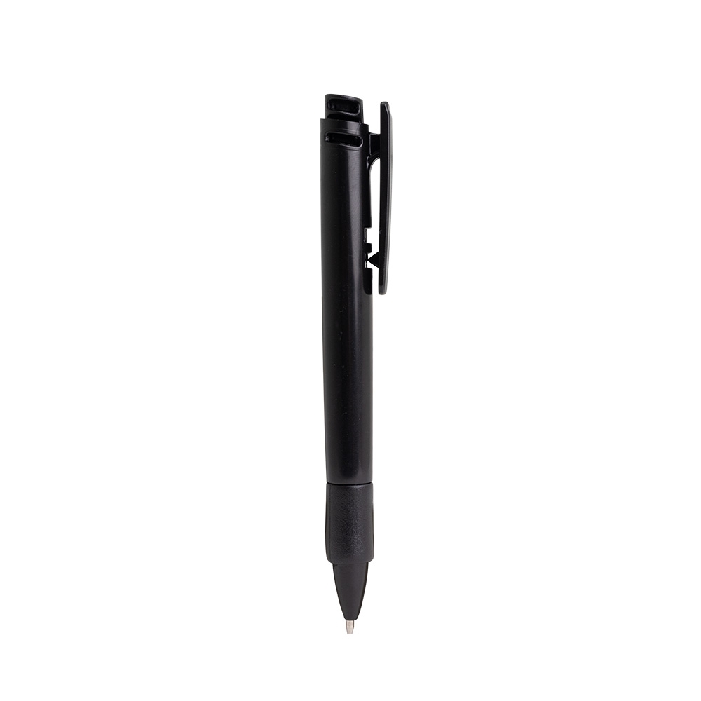 Caneta plástica opaca com faixa na pega e clipe largo na cor Preto, personalizada com a logo da empresa