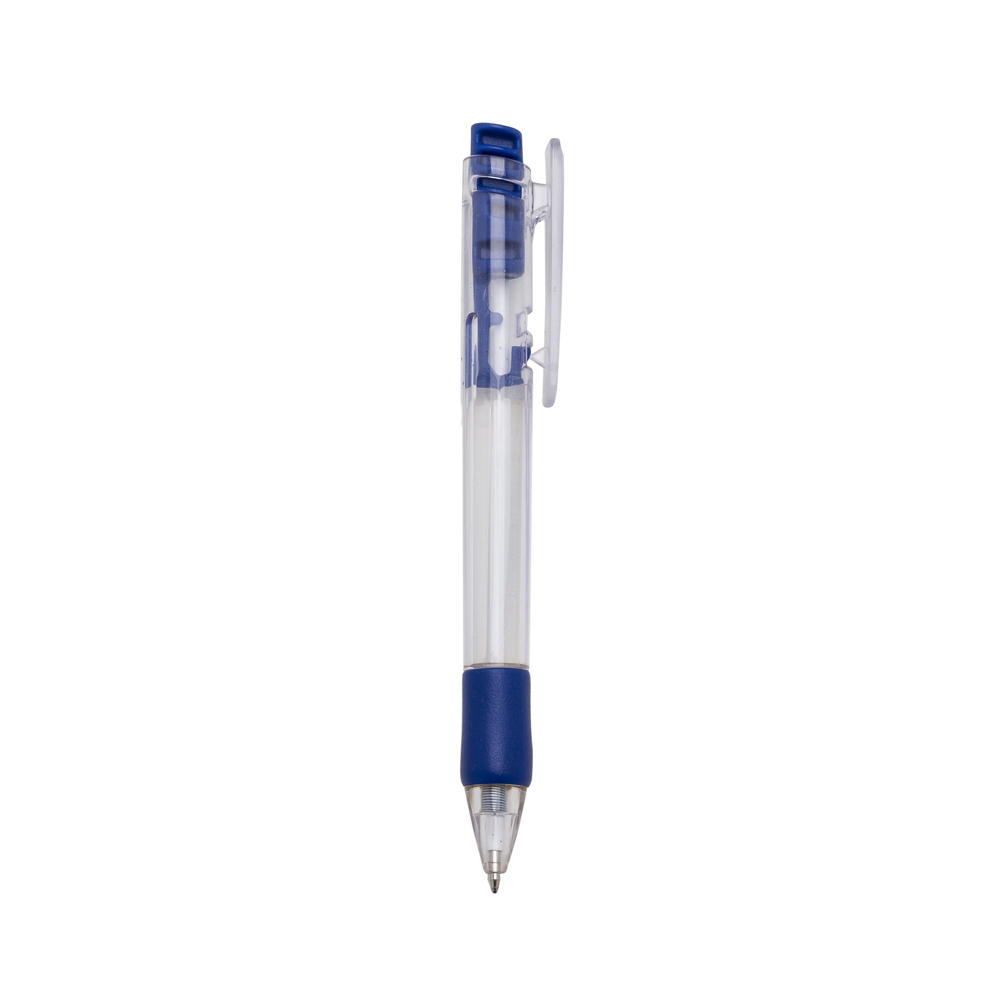 Caneta plástica de corpo transparente com faixa colorida na pega na cor Transparente / Azul, personalizada com a logo da empresa