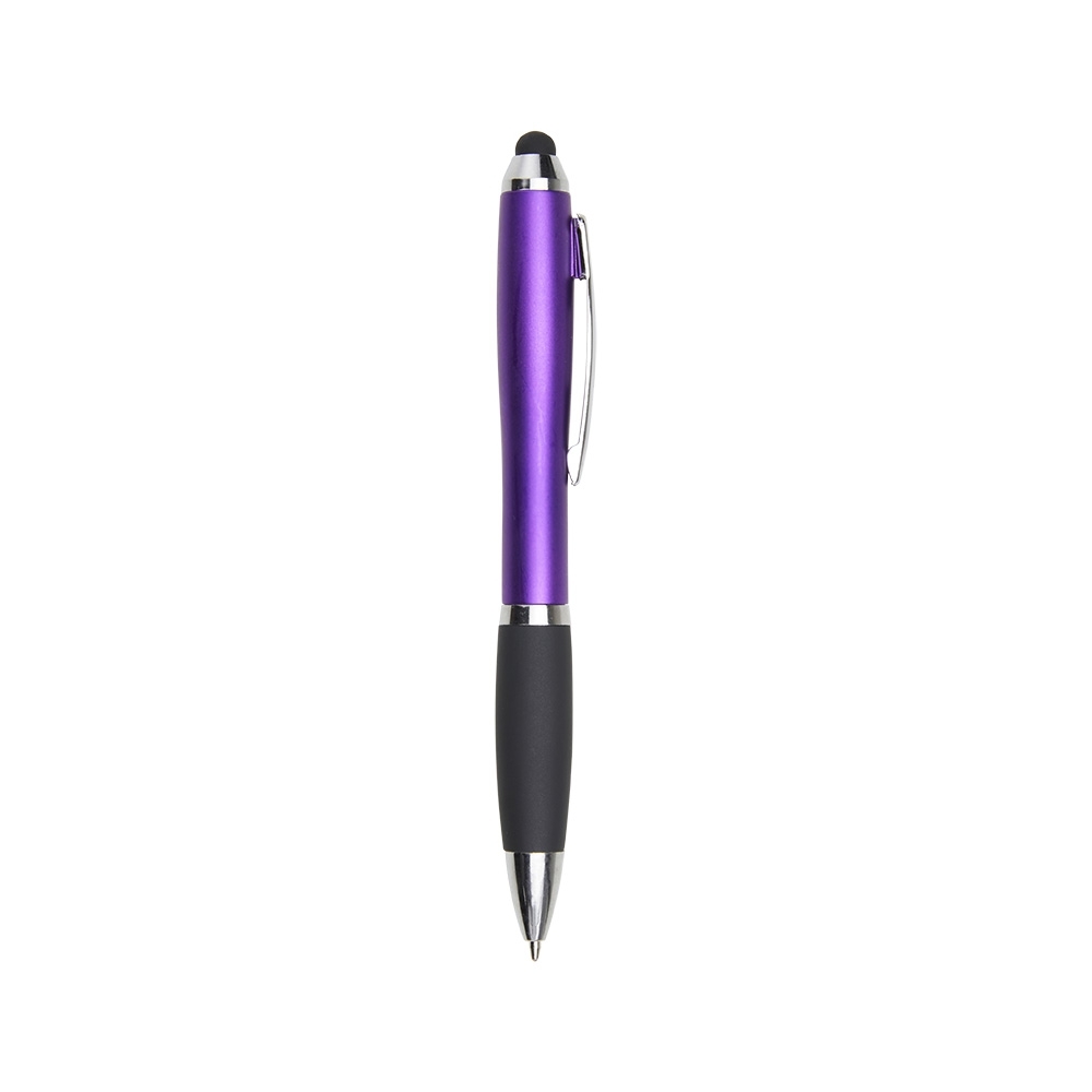 Caneta plástica touch giratória personalizada com a logo da empresa, na cor roxo