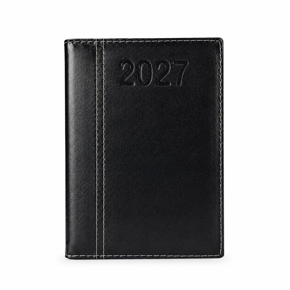 Agenda diária 2027 com capa de couro sintético na cor Preto, personalizada com a logo da empresa