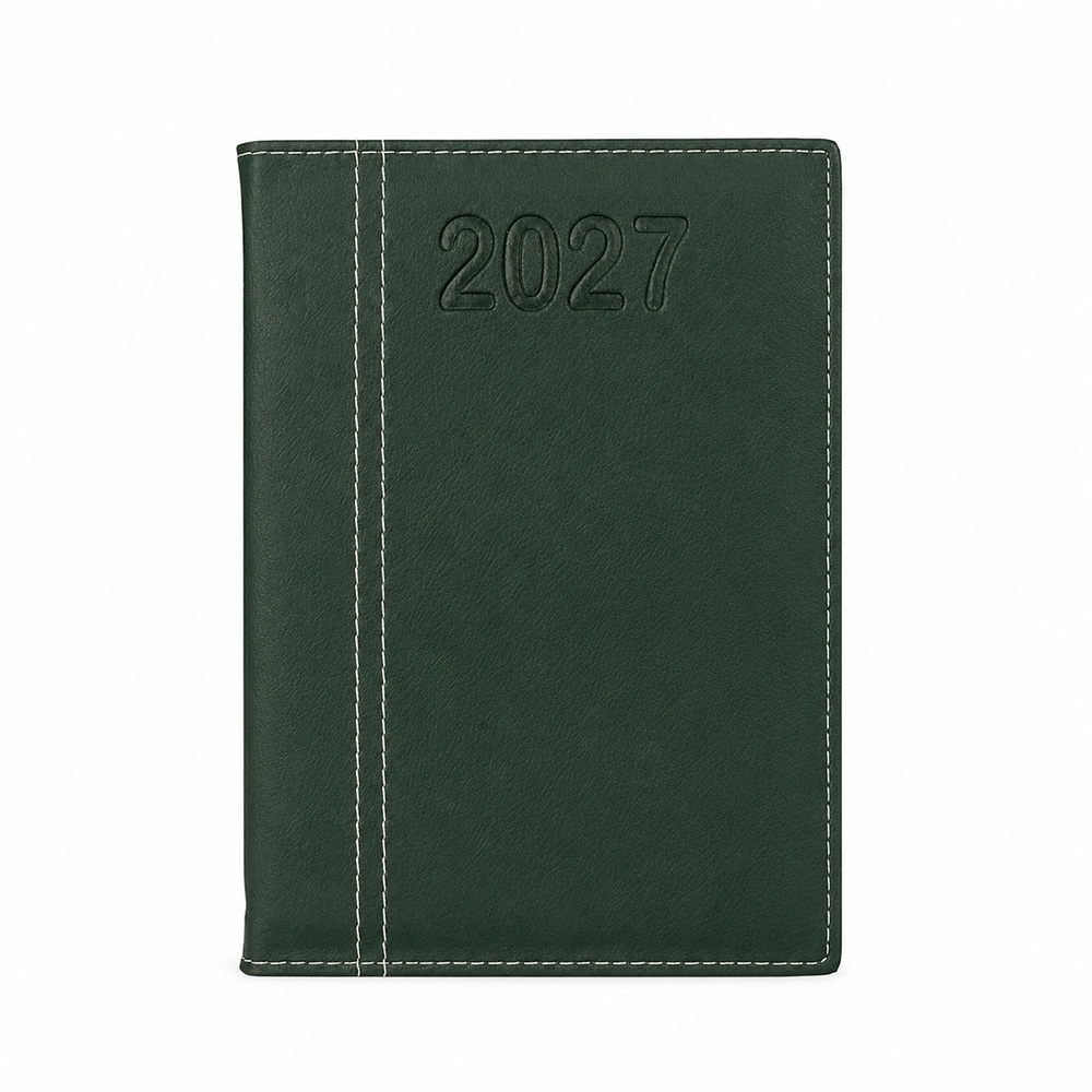 Agenda diária 2027 com capa de couro sintético na cor Verde, personalizada com a logo da empresa