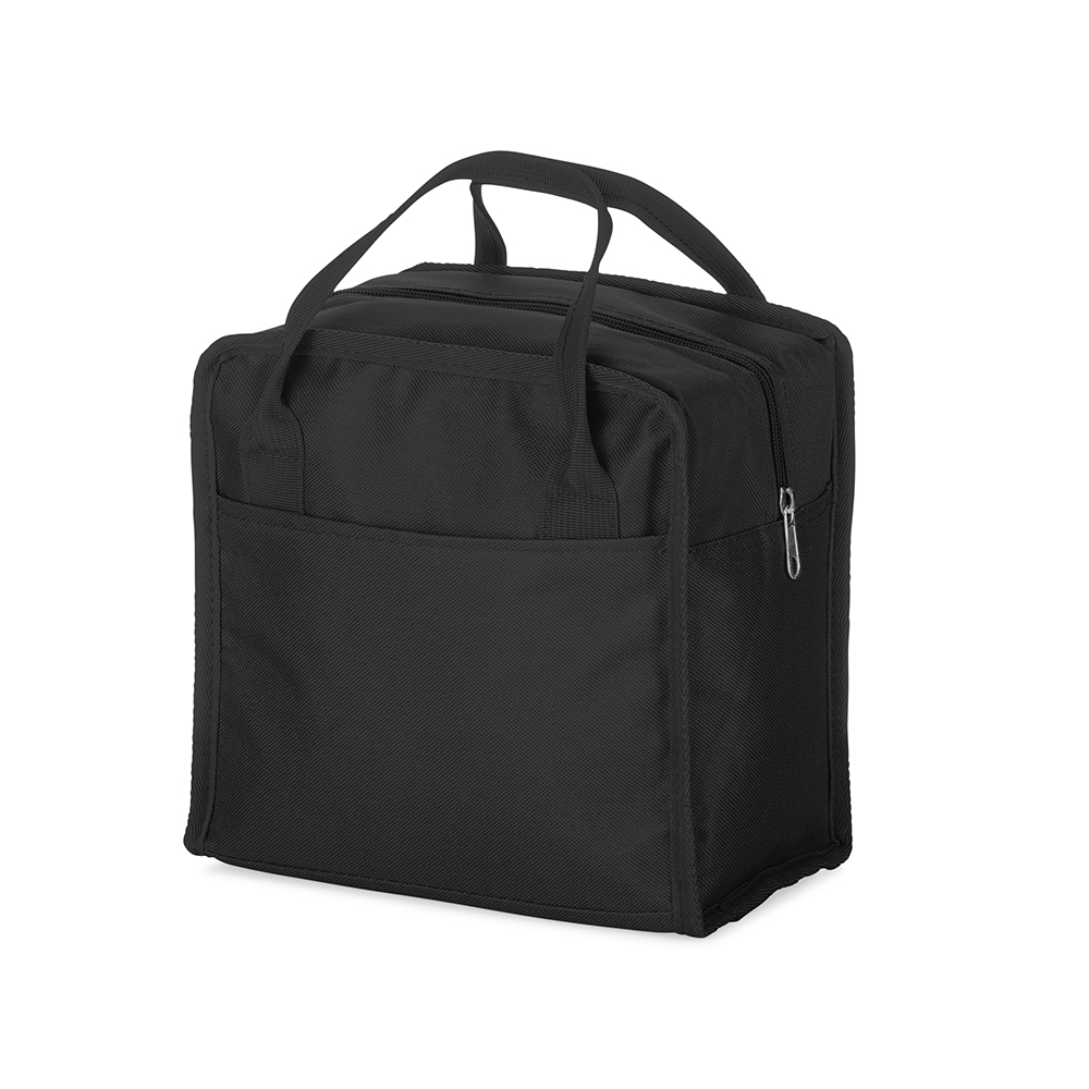 Bolsa térmica 7 litros de nylon com bolso frontal na cor Preto, personalizada com a logo da empresa