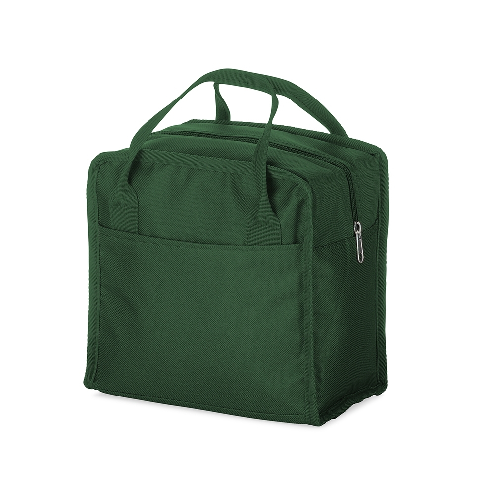 Bolsa térmica 7 litros de nylon com bolso frontal personalizada com a logo da empresa, na cor verde