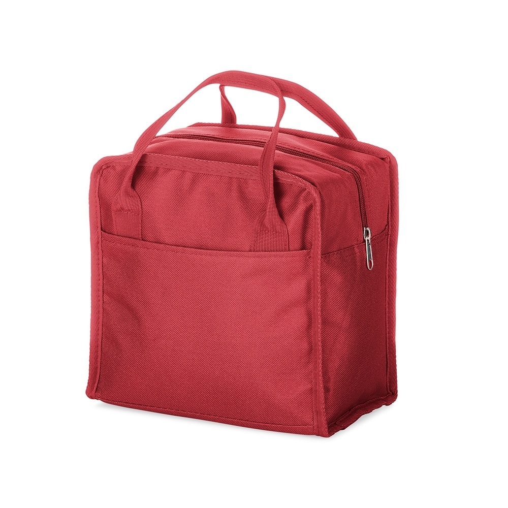 Bolsa térmica 7 litros de nylon com bolso frontal personalizada com a logo da empresa, na cor vermelho