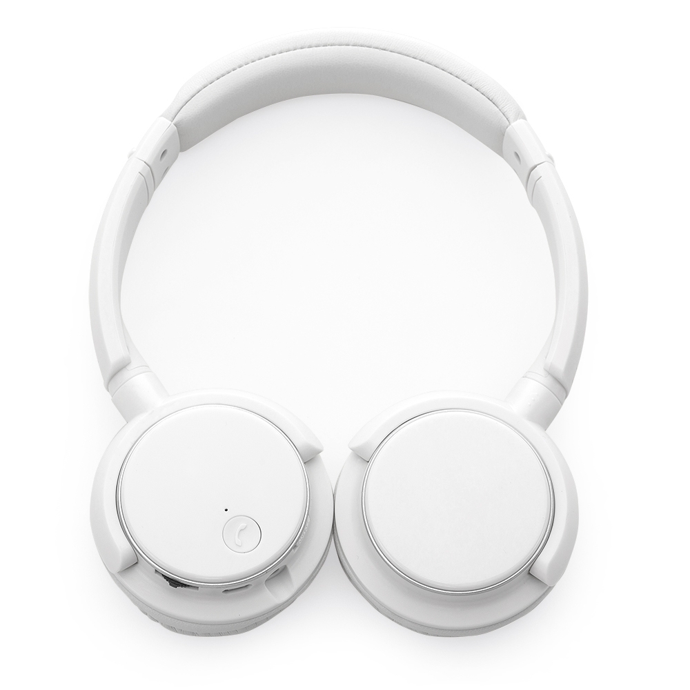 Fone de ouvido Bluetooth de arco com rádio FM e roda seletora personalizado com a logo da empresa, na cor branco