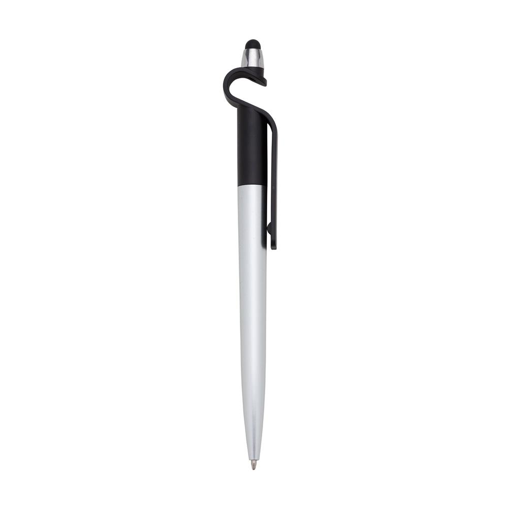 Caneta plástica p. celular e ponta touch na cor Preto / Prata, personalizada com a logo da empresa