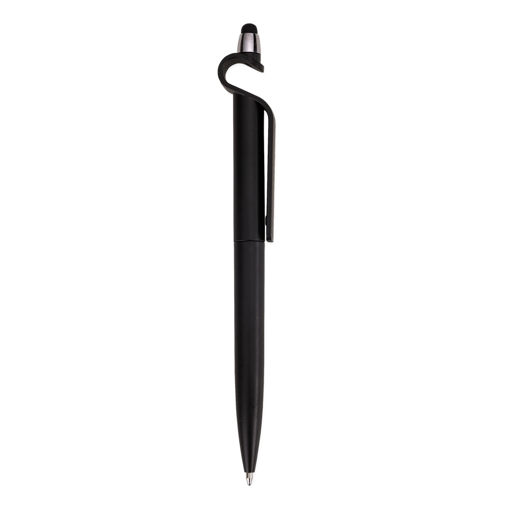 Caneta plástica com suporte e touch na cor Preto / Prata, personalizada com a logo da empresa