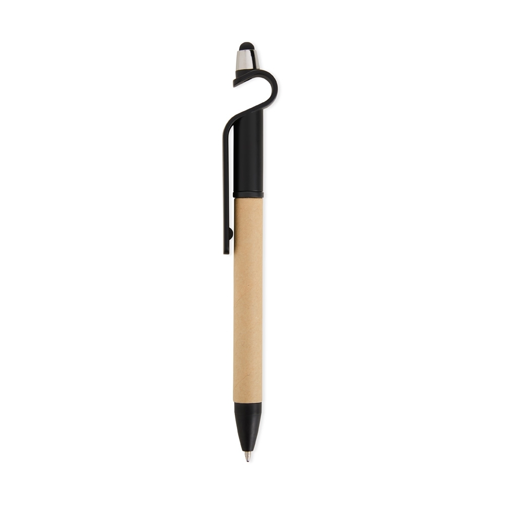 Caneta ecológica touch com suporte na cor Preto, personalizada com a logo da empresa