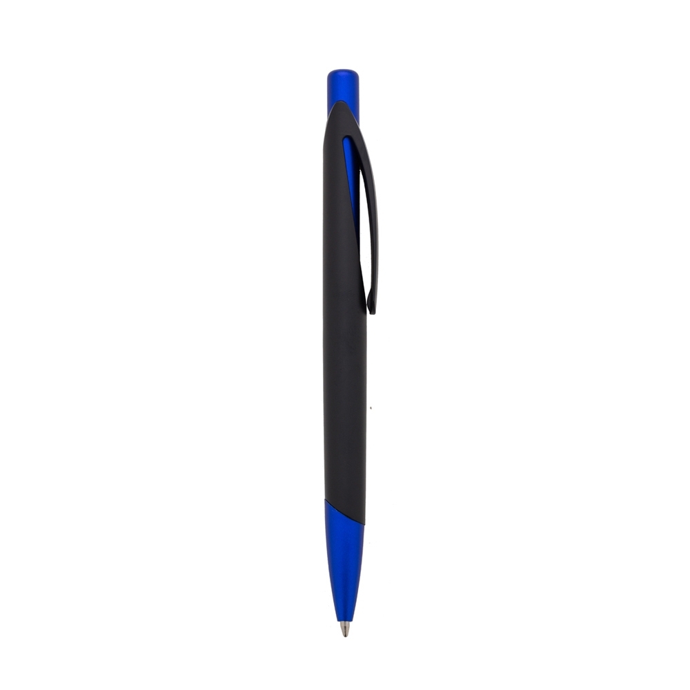 Caneta plástica de corpo preto curvo com ponteira colorida na cor Preto / Azul, personalizada com a logo da empresa