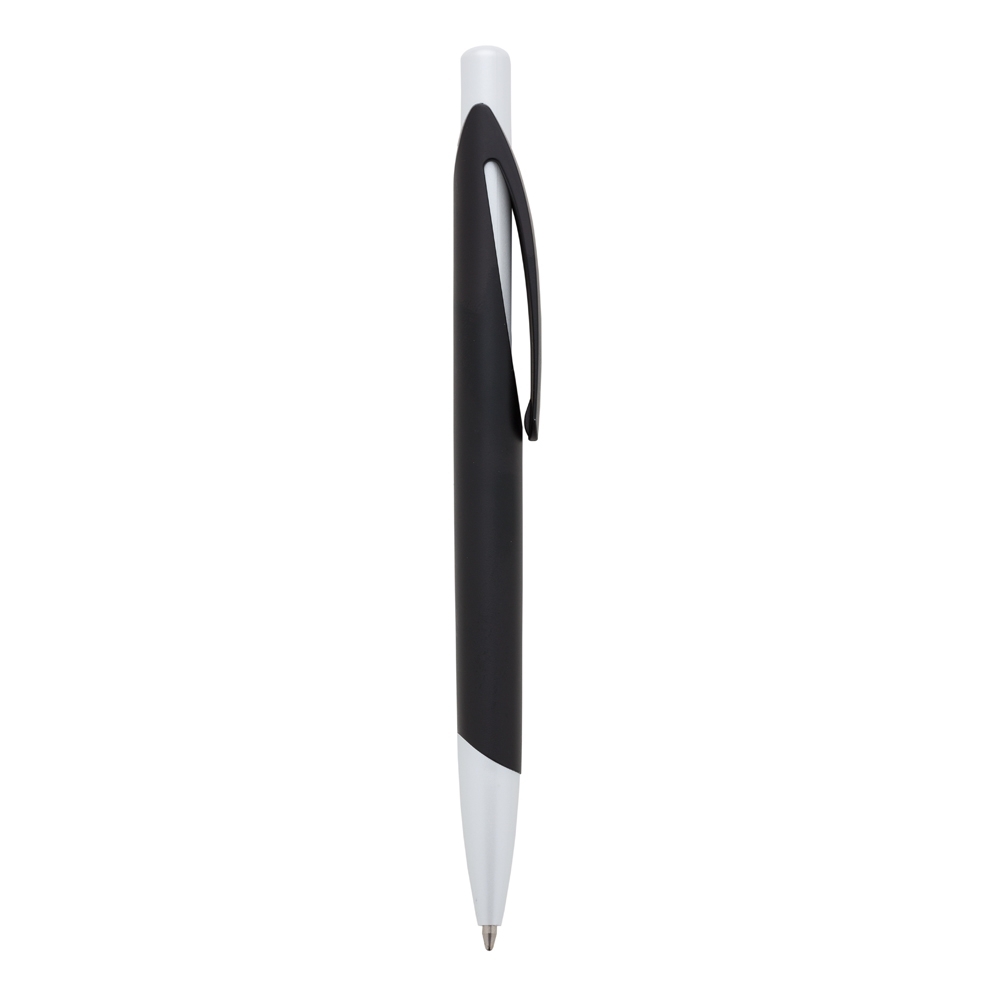 Caneta plástica de corpo preto curvo com ponteira colorida na cor Preto / Branco, personalizada com a logo da empresa
