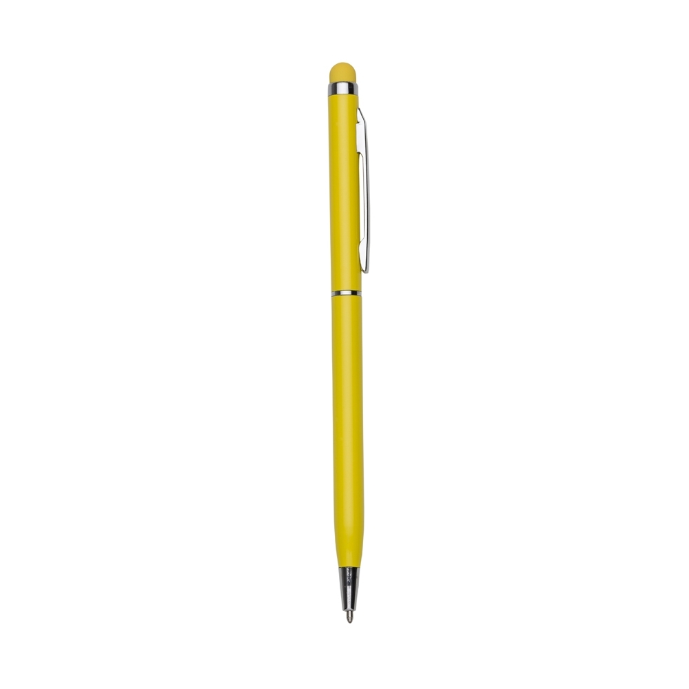 Caneta de metal giratória com 1 anel e ponta touch personalizada com a logo da empresa