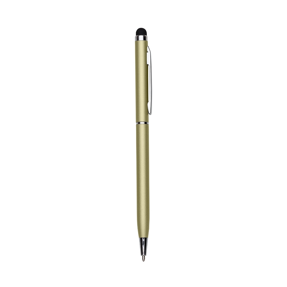 Caneta de metal giratória com 1 anel e ponta touch personalizada com a logo da empresa, na cor dourado