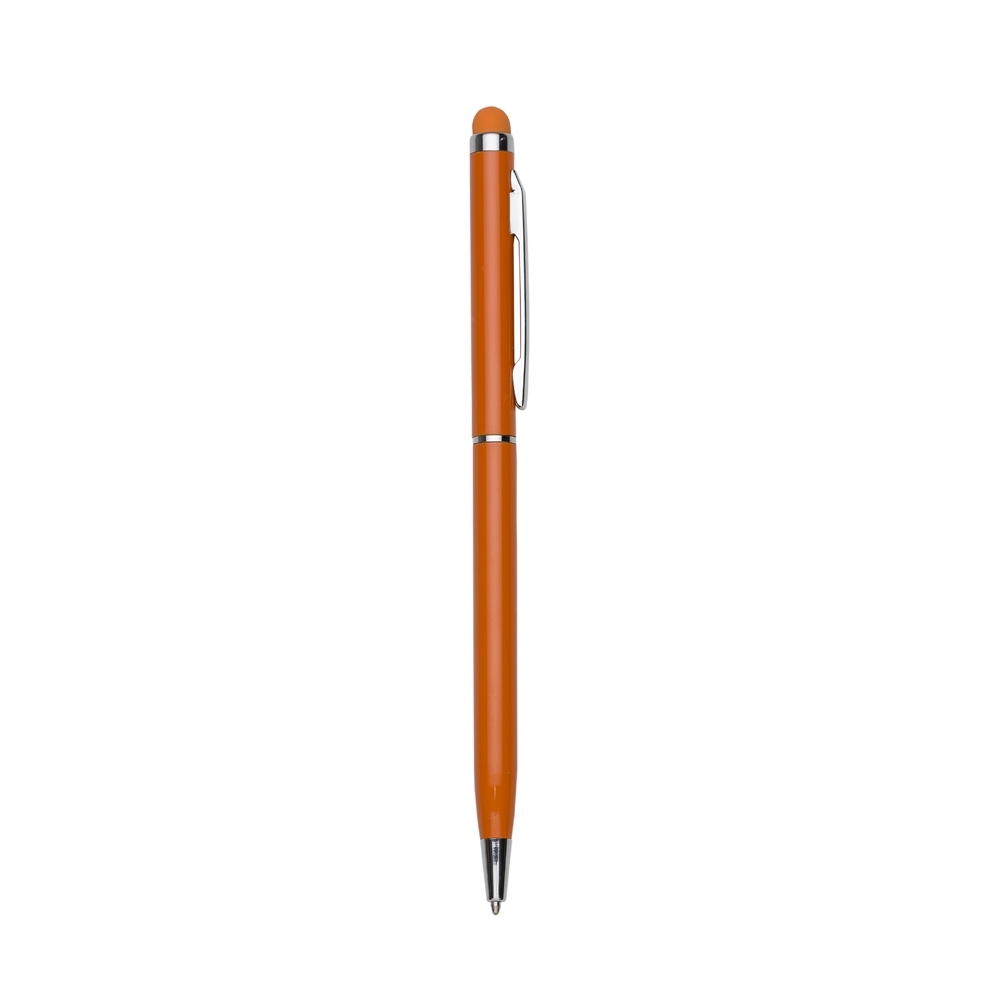 Caneta de metal giratória com 1 anel e ponta touch personalizada com a logo da empresa, na cor laranja