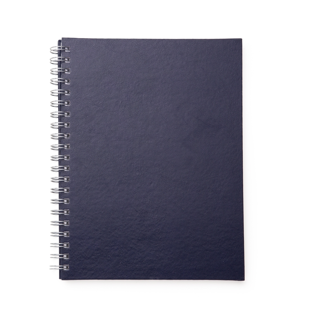 Caderno texturizado com capa de couro sintético 21 x 28 cm e espiral na cor Azul escuro, personalizado com a logo da empresa