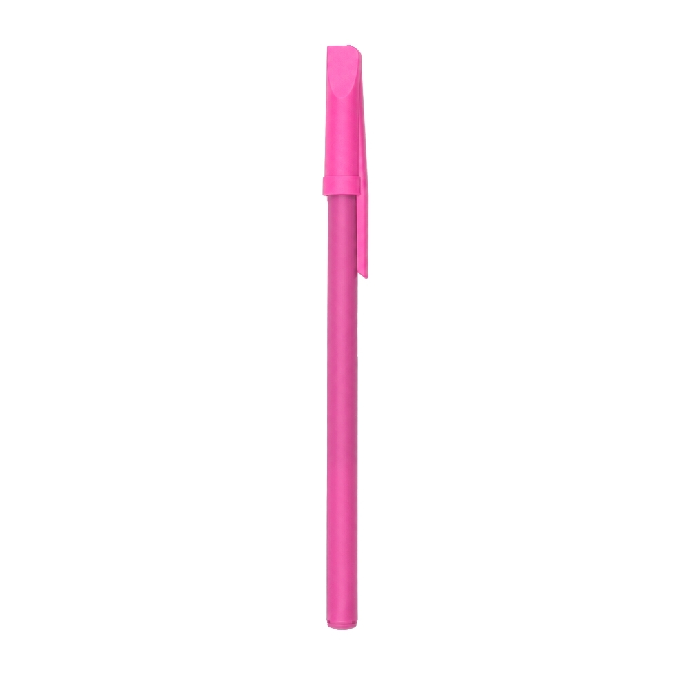 Caneta plástica esfero com tampa personalizada com a logo da empresa, na cor rosa