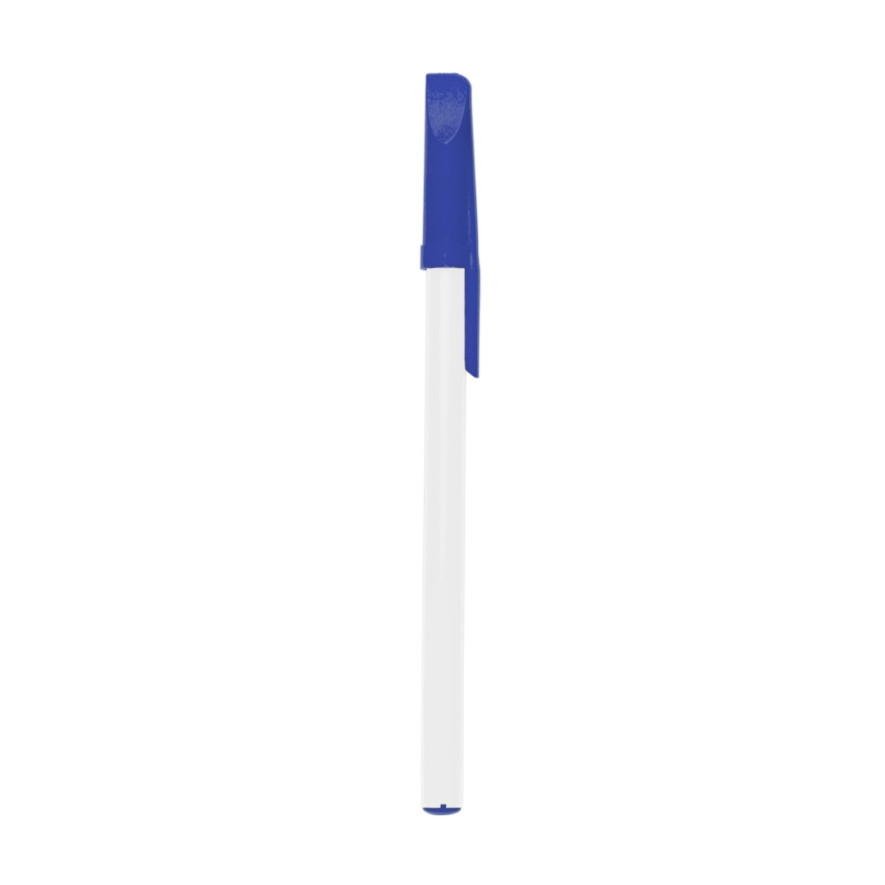Caneta plástica com tampa personalizada com a logo da empresa, na cor azul