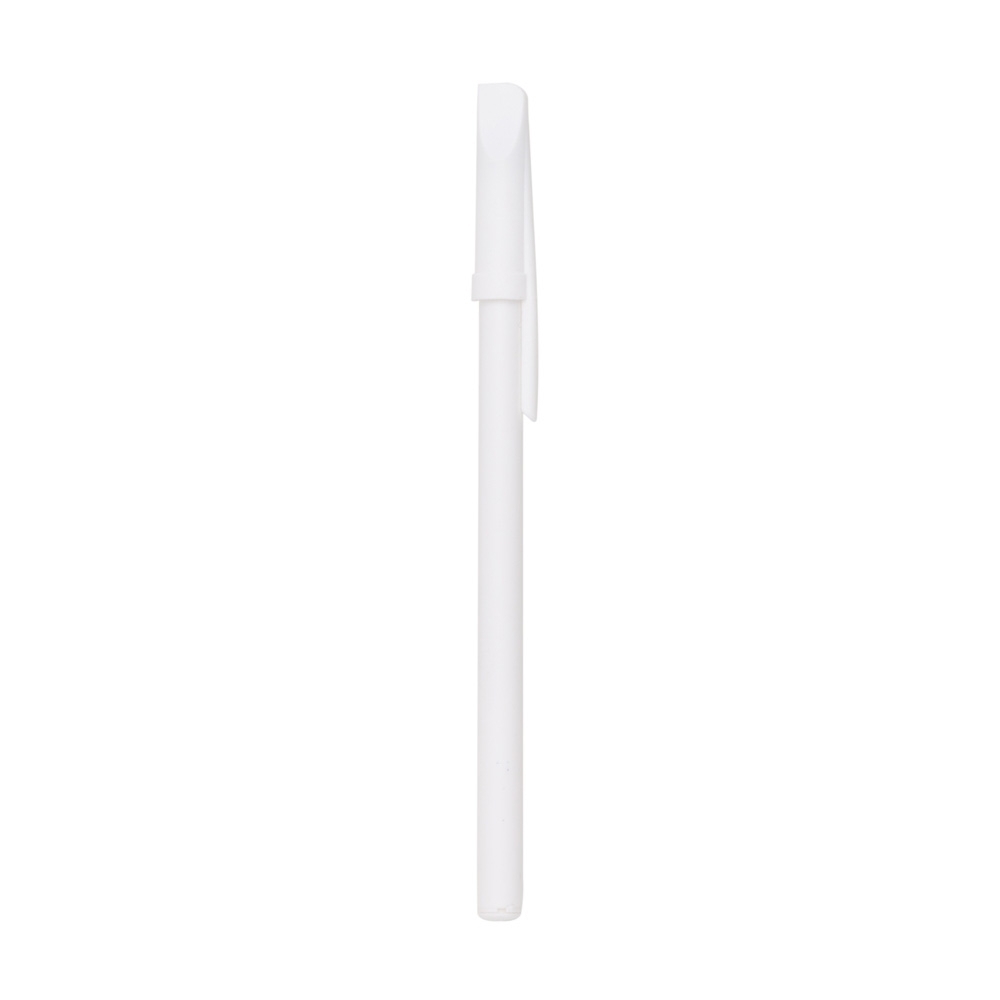 Caneta plástica com tampa personalizada com a logo da empresa, na cor branco