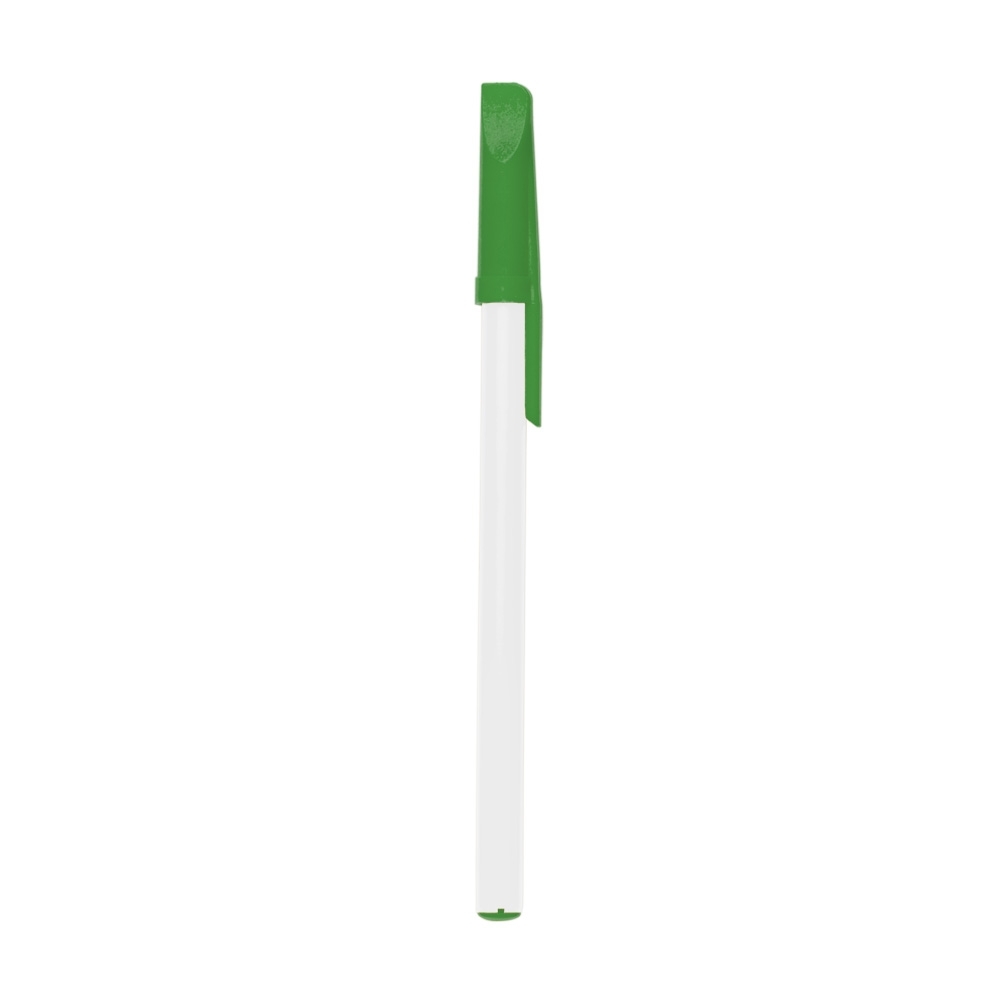 Caneta plástica com tampa personalizada com a logo da empresa, na cor verde