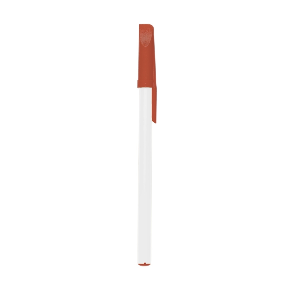 Caneta plástica com tampa personalizada com a logo da empresa, na cor vermelho