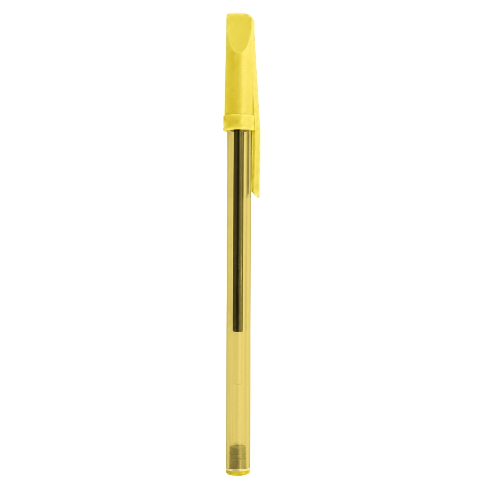Caneta plástica translúcida com tampa personalizada com a logo da empresa, na cor amarelo