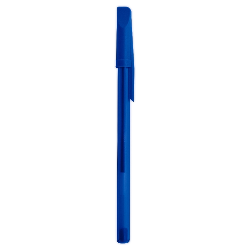 Caneta plástica translúcida com tampa personalizada com a logo da empresa, na cor azul