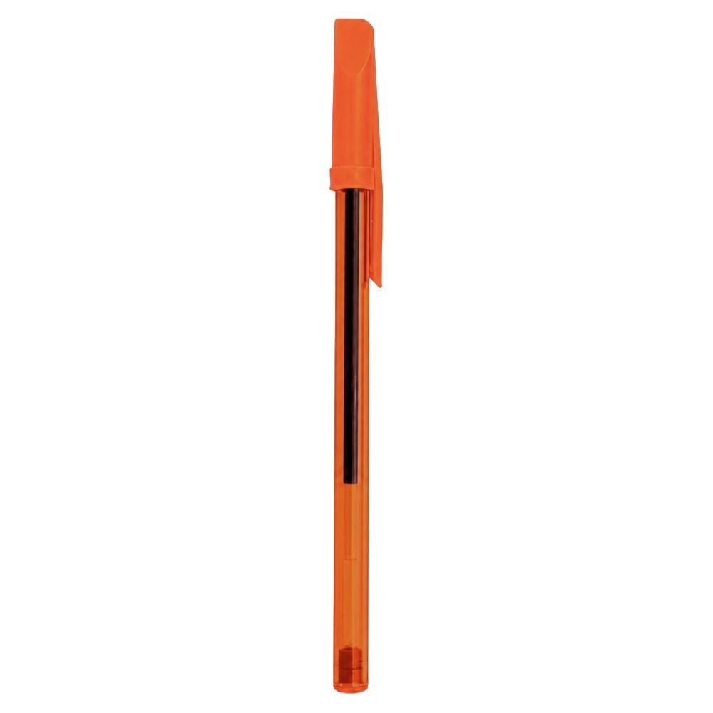 Caneta plástica translúcida com tampa personalizada com a logo da empresa, na cor laranja