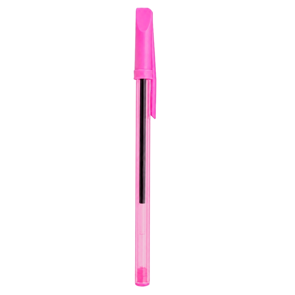 Caneta plástica translúcida com tampa personalizada com a logo da empresa, na cor rosa