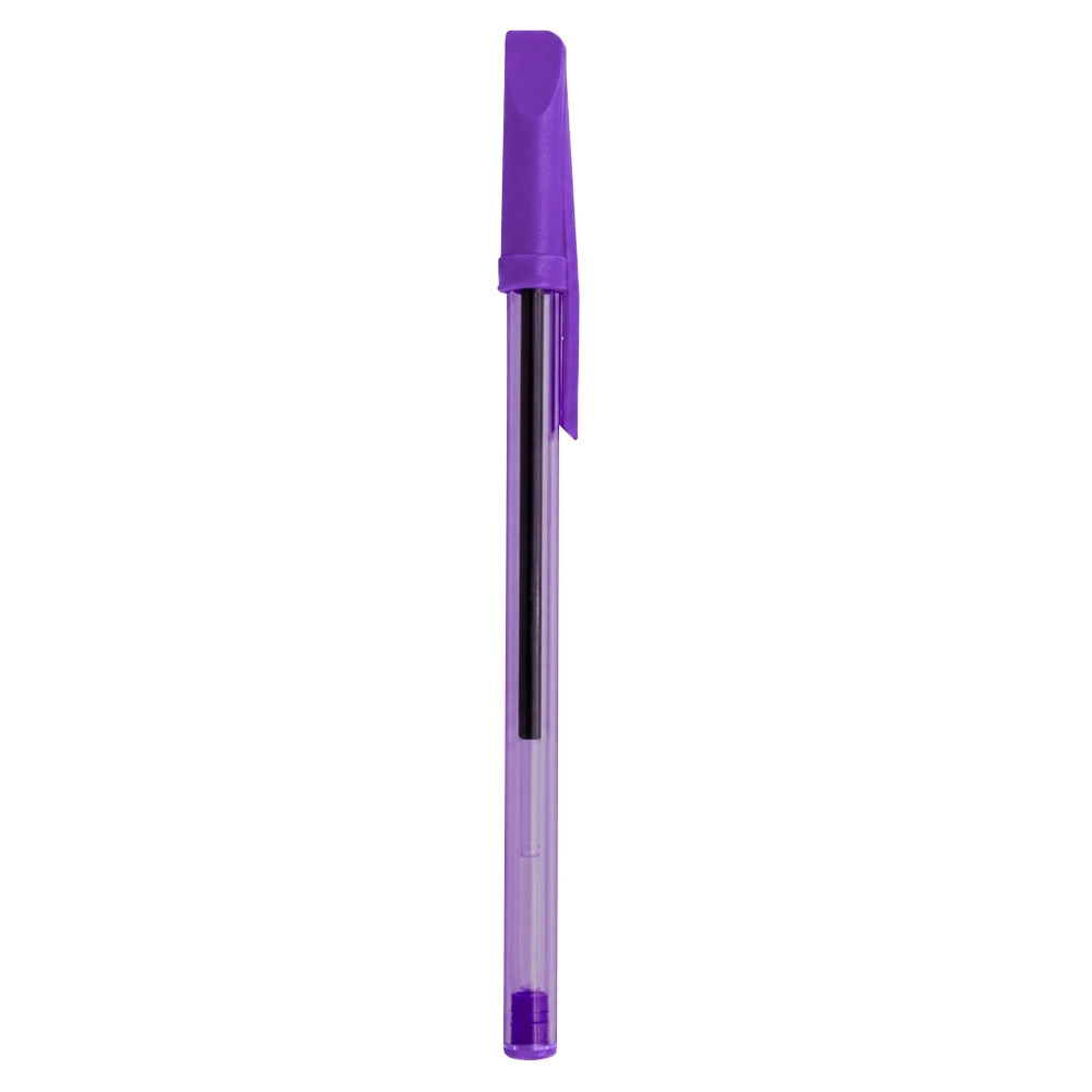 Caneta plástica translúcida com tampa personalizada com a logo da empresa, na cor roxo