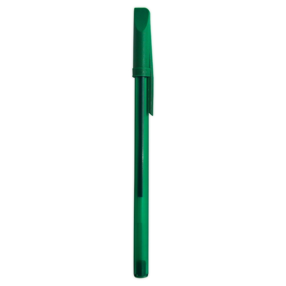 Caneta plástica translúcida com tampa personalizada com a logo da empresa, na cor verde
