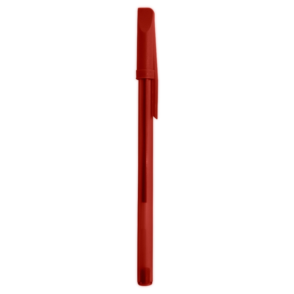 Caneta plástica translúcida com tampa personalizada com a logo da empresa, na cor vermelho