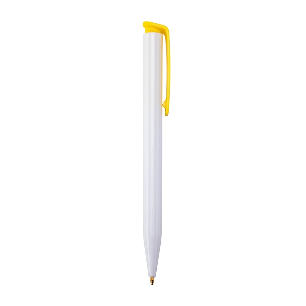 Caneta plástica de corpo branco com clipe colorido em arco personalizada com a logo da empresa