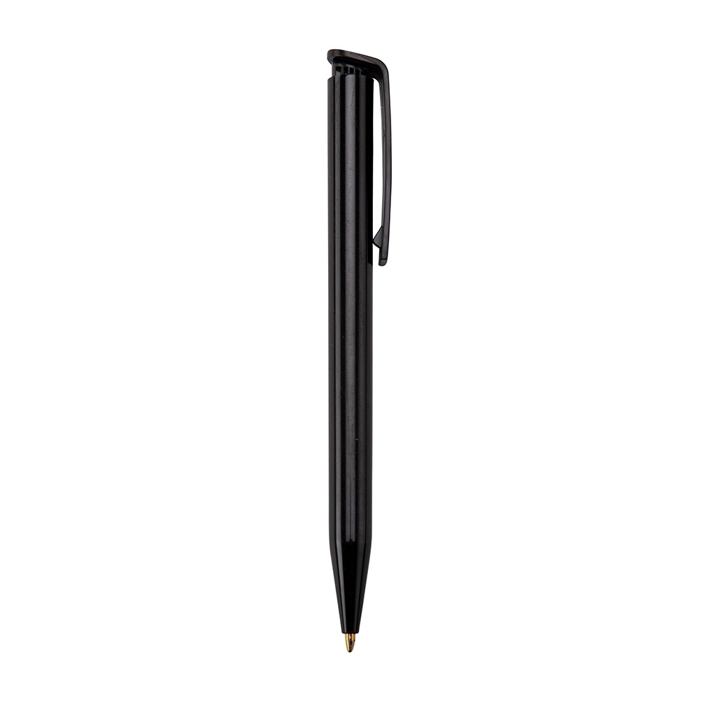 Caneta plástica de corpo branco com clipe colorido em arco na cor Preto, personalizada com a logo da empresa